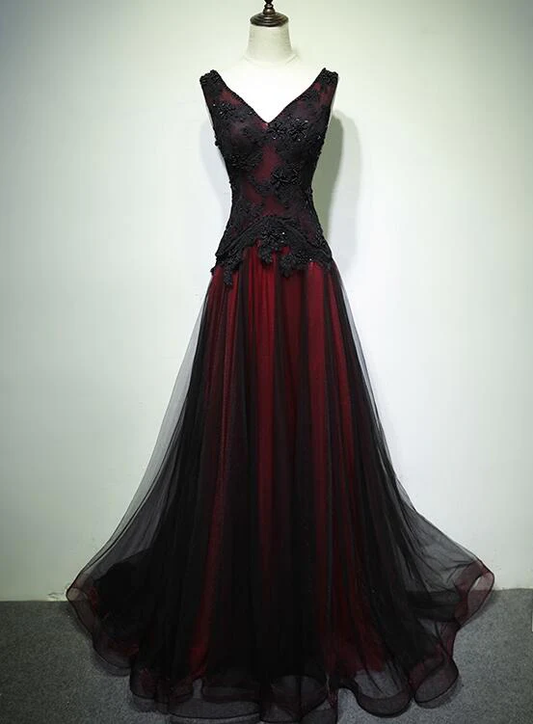 Black And Red V-Nec Tulle Beaded Prom Dress Long Evening Gown, DP2075