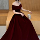Burgundy Velvet Off Shoulder  A-Line Long Prom Dress, DP2076