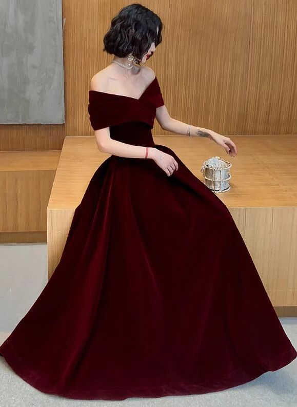 Burgundy Velvet Off Shoulder  A-Line Long Prom Dress, DP2076