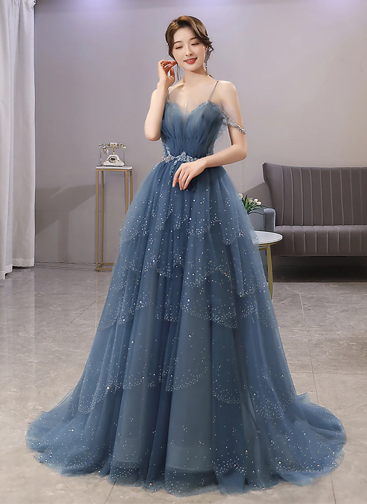 Blue Shiny Tulle Layers Straps Beaded Long Prom Dress A-Line Evening Gown, DP2079