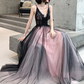 Pink Tulle V-Neck Applique Long Party Dress Evening Gown, DP2080