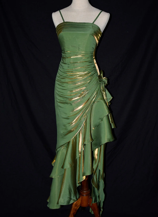 Green Spaghetti Straps Ruffle Vintage Party Dress, DP2083