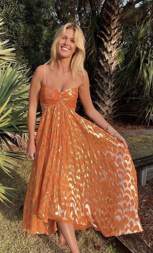 Orange A-Line Spaghetti Straps Chic Long Party Dress, DP2096