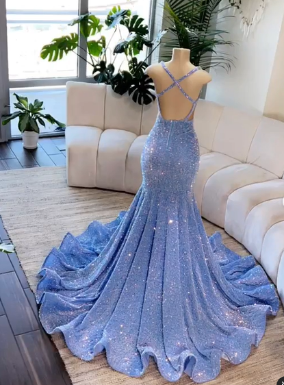 Blue Sequin Mermaid Beading Long Prom Dress, DP2098