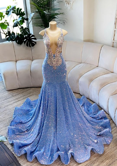 Blue Sequin Mermaid Beading Long Prom Dress, DP2098