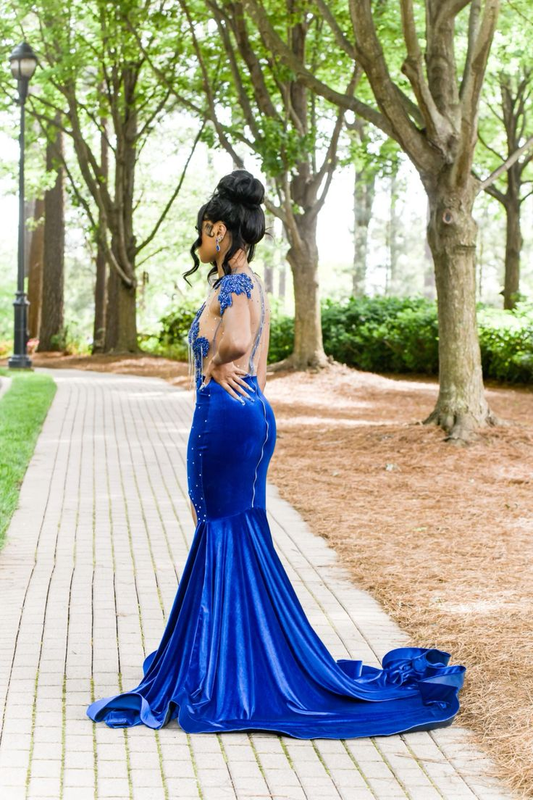 Royal Blue Velvet Appliques Beading Mermaid Long Prom Dress, DP2105