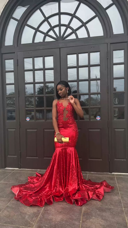 Red Mermaid Appliques Black Girl Long Prom Dress, DP2109