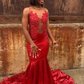 Red Mermaid Appliques Black Girl Long Prom Dress, DP2109