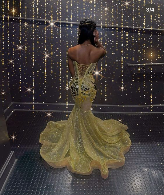 Yellow Strapless Beading Mirror Mermaid Black Girl Evening Dress, DP2115