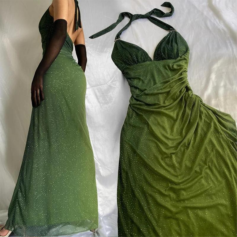 Green V Neck Halter Shiny Vintage Long Prom Dress, DP2117