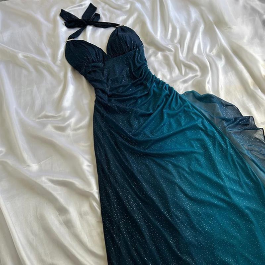 Teal V Neck Halter Shiny Vintage Long Prom Dress, DP2119