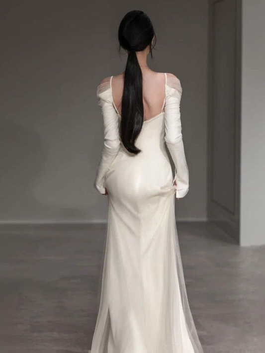 Ivory Straps Long Sleeves Elegant Light Wedding Dress, DP2125