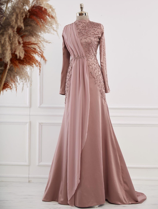 Dusty Pink Long Sleeves Beading Formal Party Dress, DP2126