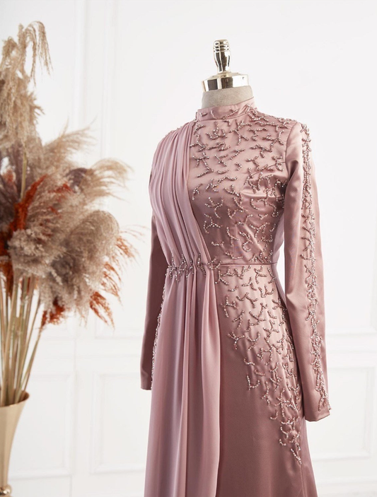Dusty Pink Long Sleeves Beading Formal Party Dress, DP2126