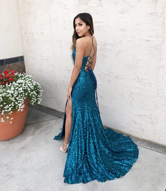 Blue Sequins Mermaid Long Party Dress with Slit, DP2128