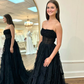 Black Strapless Ruffle Tulle A-Line Long Prom Dress, DP2129