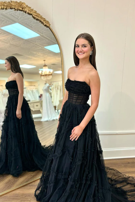 Black Strapless Ruffle Tulle A-Line Long Prom Dress, DP2129