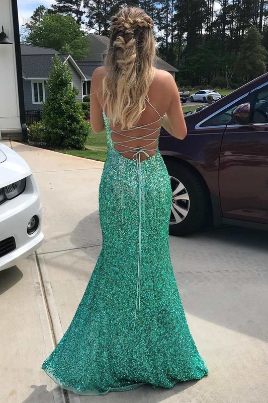 Green Sequins Mermaid Long Party Dress with Slit, DP2134