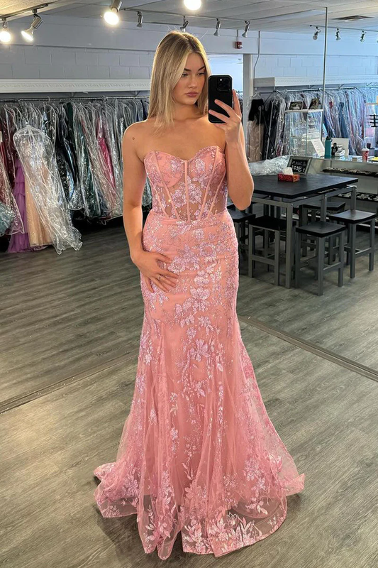 Pink Sweatheart Strapless Lace Mermaid Long Prom Dress, DP2137