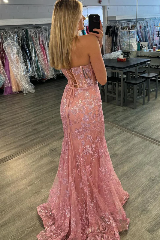 Pink Sweatheart Strapless Lace Mermaid Long Prom Dress, DP2137