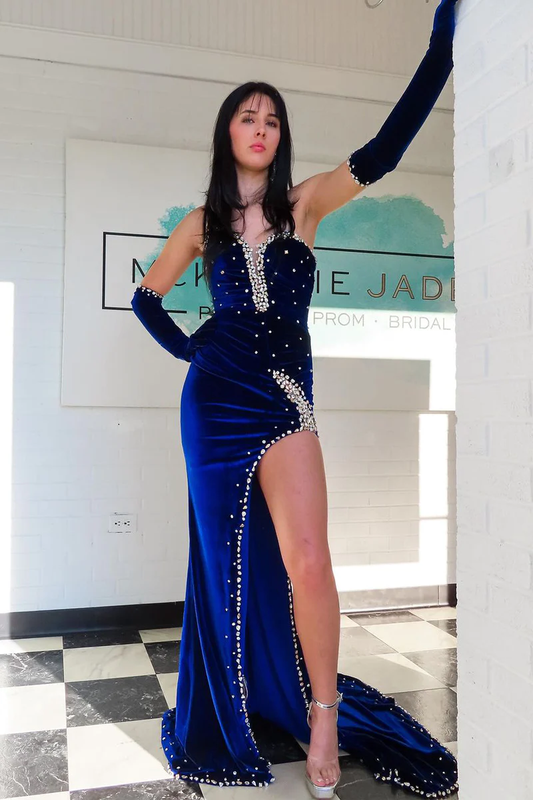 Royal Blue Strapless Velvet Mermaid Long Prom Dress with Beading, DP2138