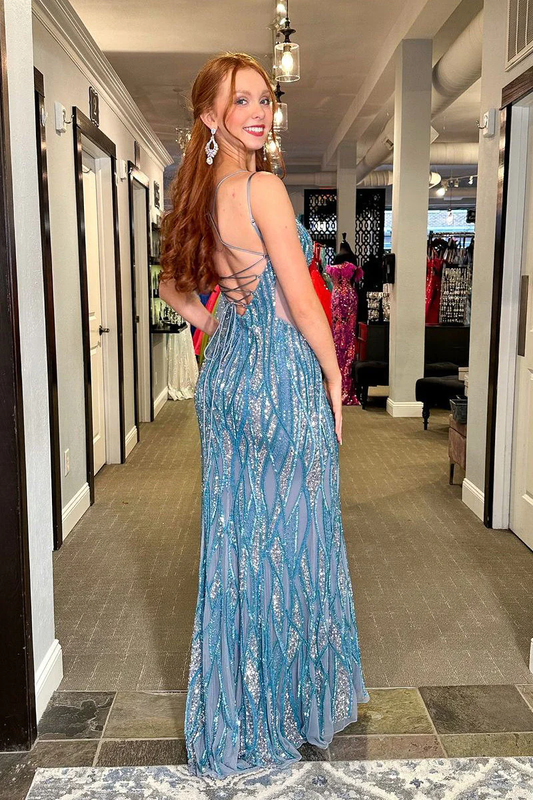 Blue Sequins Mermaid V Neck Long Prom Dress with Slit, DP2139