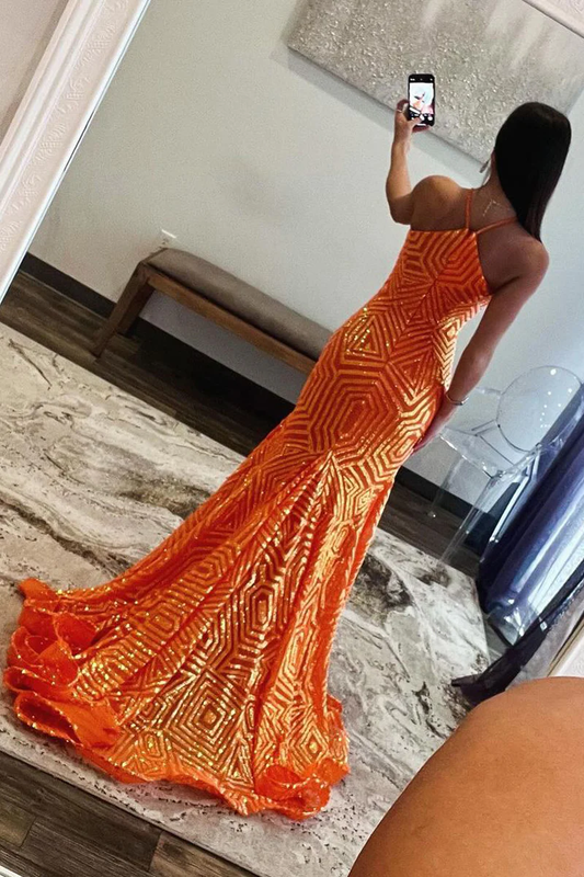 Orange Halter Keyhole Sequins Mermaid Long Prom Dress, DP2140