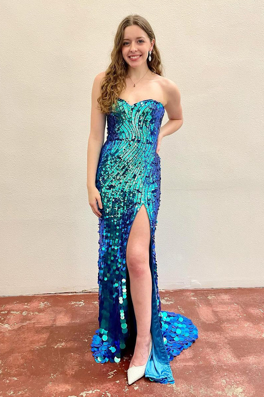 Blue Sweetheart Sequins Mermaid Long Prom Dress with Slit, DP2142