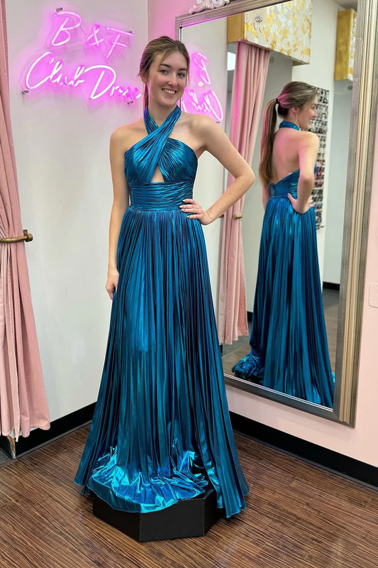 Blue Halter Keyhole Pleated Satin A-Line Long Prom Dress, DP2143