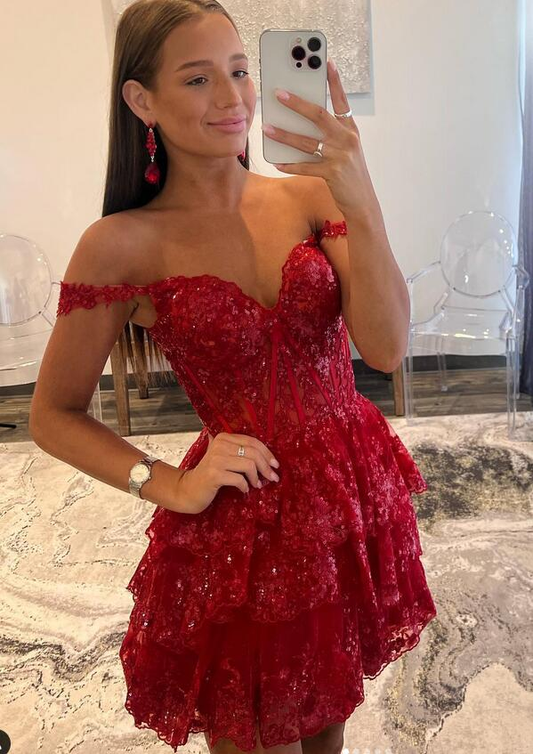 Red Straps Sequined Layers Short Prom Dress Homecoming Dress, DP2162