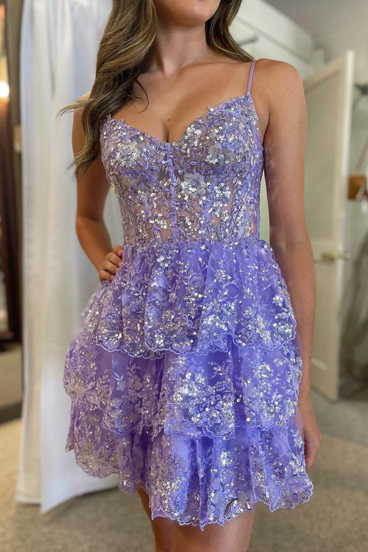 Lavender Short Prom Dress Sequined Multi-Layers Tulle Homecoming Dress, DP2164