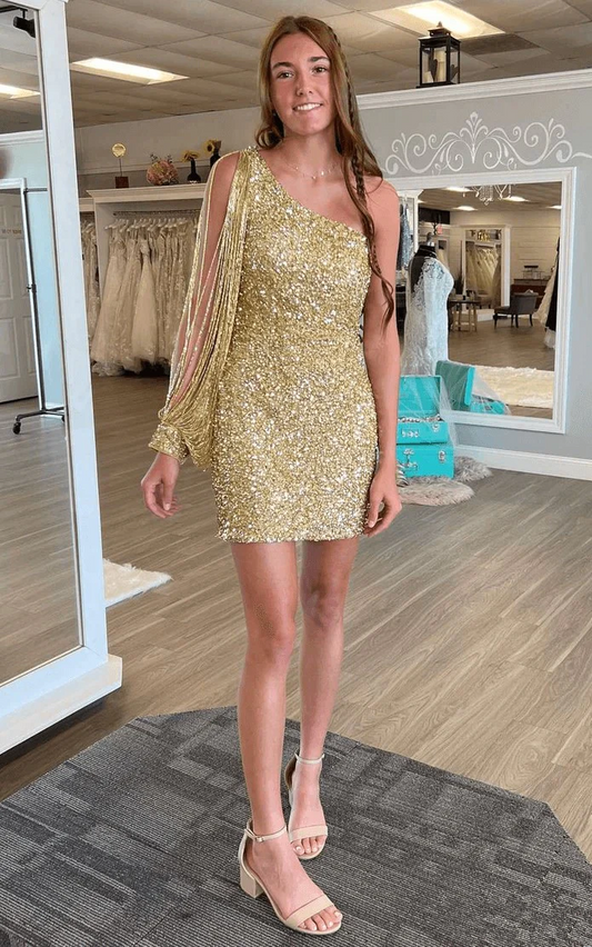 Gold One Shoulder Sequins Shiny Party Dress Homecoming Dress, DP2165