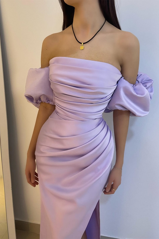 Lilac Puffy Sleeves Satin Elegant Party Dress with Slit, DP2182