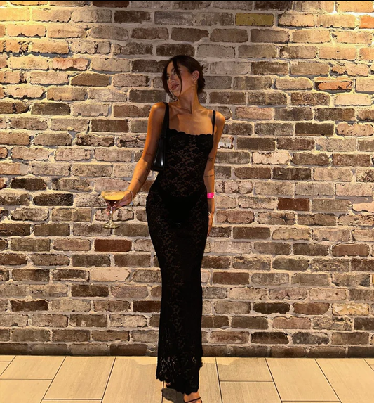 Sexy Black Spaghetti Straps Lace Mermaid Long Party Dress, DP2186