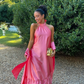 Pink Halter Backless Satin Sweet Long Party Dress, DP2198