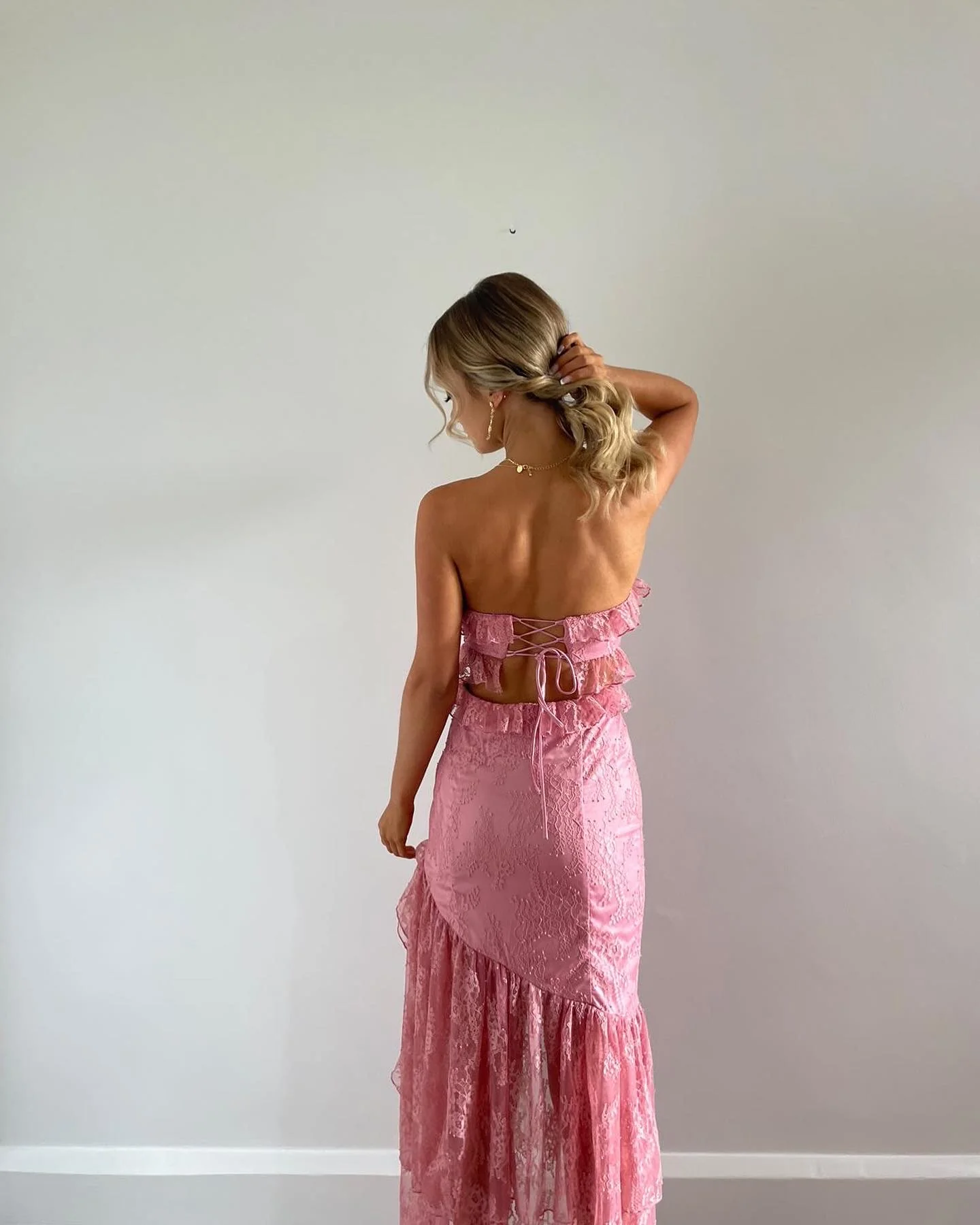 Pink Strapless Cut Out Lace High-Low Sweat Party Dress, DP2207