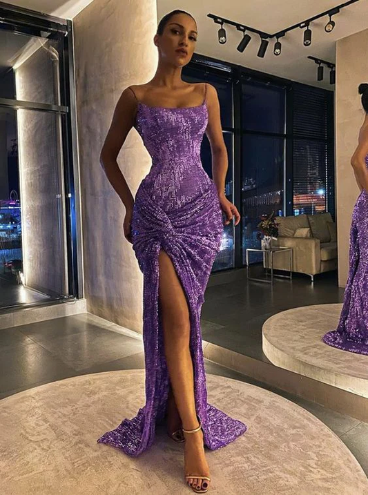 Spaghetti Straps Sequins Mermaid Long Prom Dress with Slit, DP2208