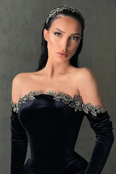 Black Long Mermaid Velvet Off Shoulder Split Prom Dress with Sleeves, DP2213
