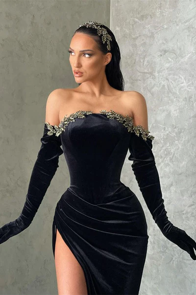 Black Long Mermaid Velvet Off Shoulder Split Prom Dress with Sleeves, DP2213