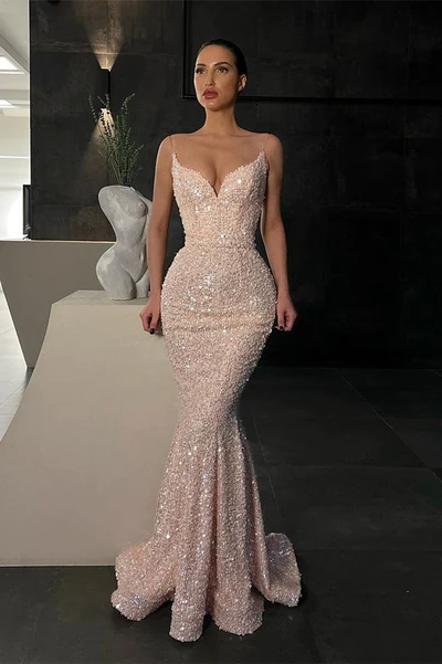Stunning Long Mermaid Spaghetti Straps Sequins Prom Dress, DP2216