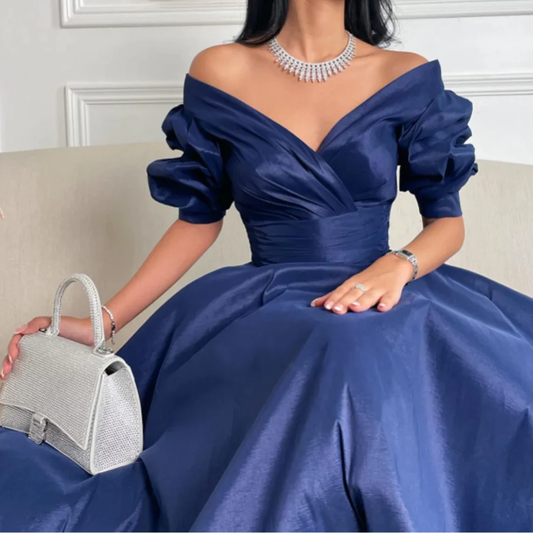 Elegant Navy Blue Off Shoulder A-Line Long Prom Dress, DP2222