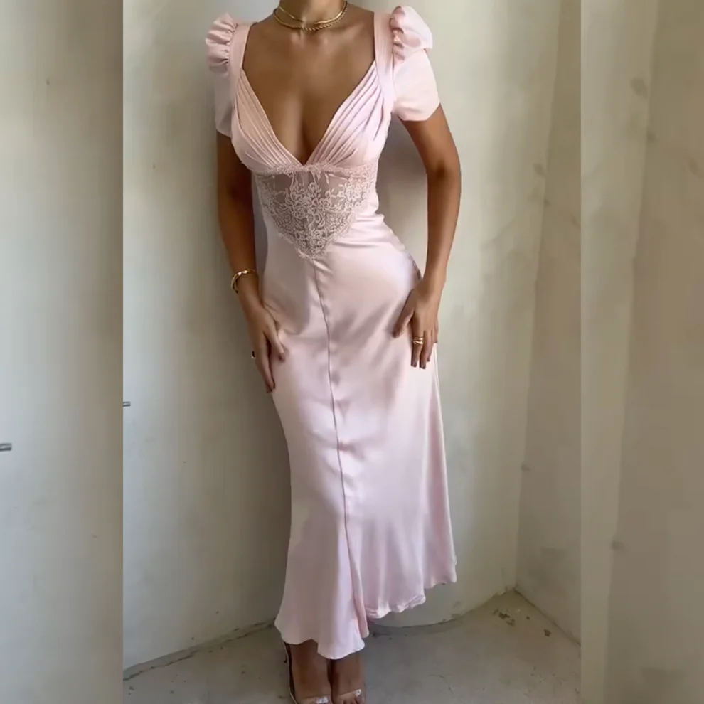 Light Pink Elegant Lace Satin Short Sleeves Party Dress, DP2224