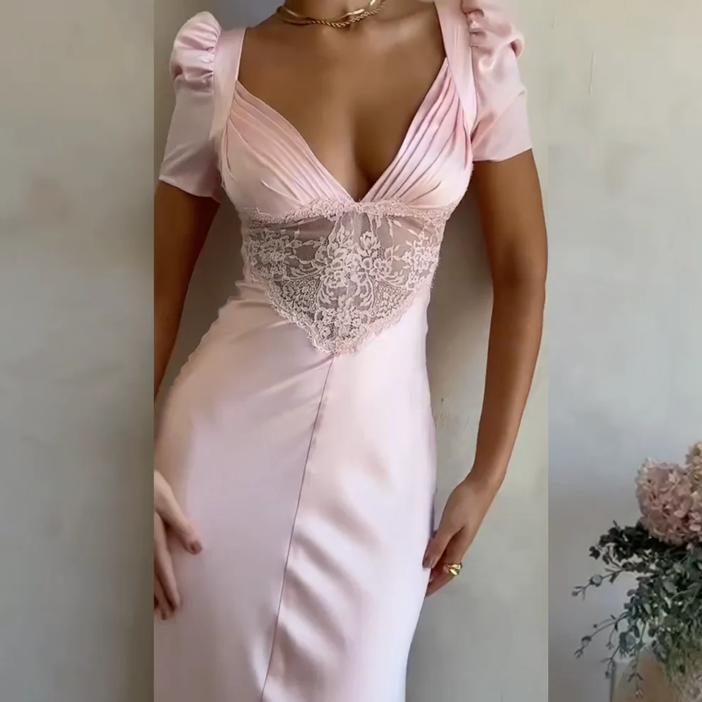 Light Pink Elegant Lace Satin Short Sleeves Party Dress, DP2224