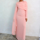 Pink Chiffon Pleated Long Sleeves Modest Evening Dress, DP2226