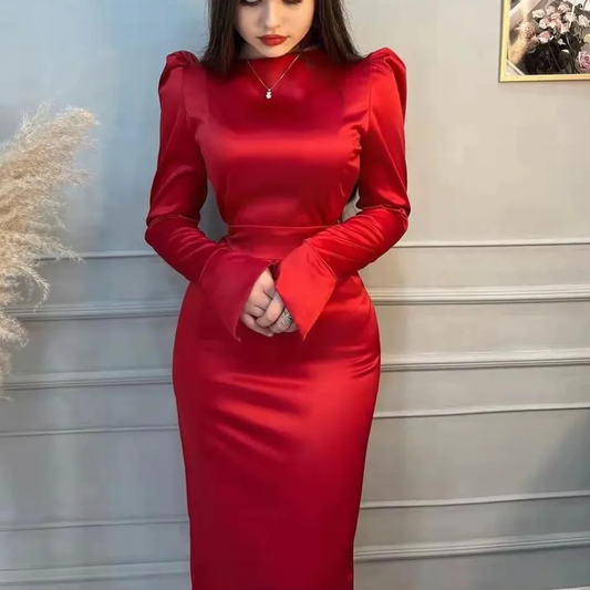 Red Modest Satin Long Sleeves Simple Classy Evening Dress, DP2227