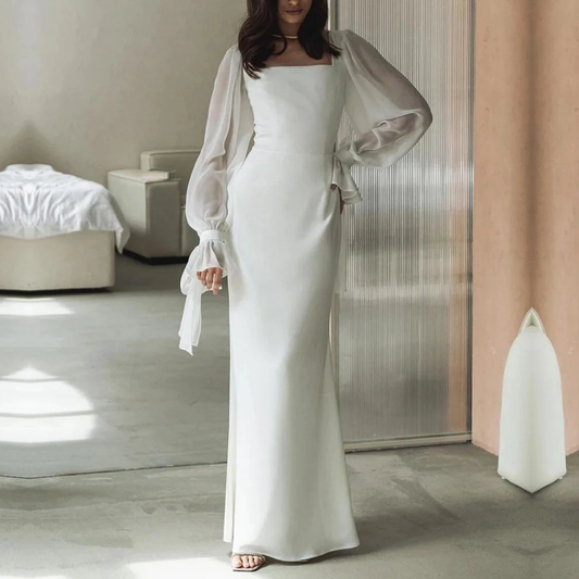 Simple White Elegant Long Sleeves Evening Party Dress, DP2232