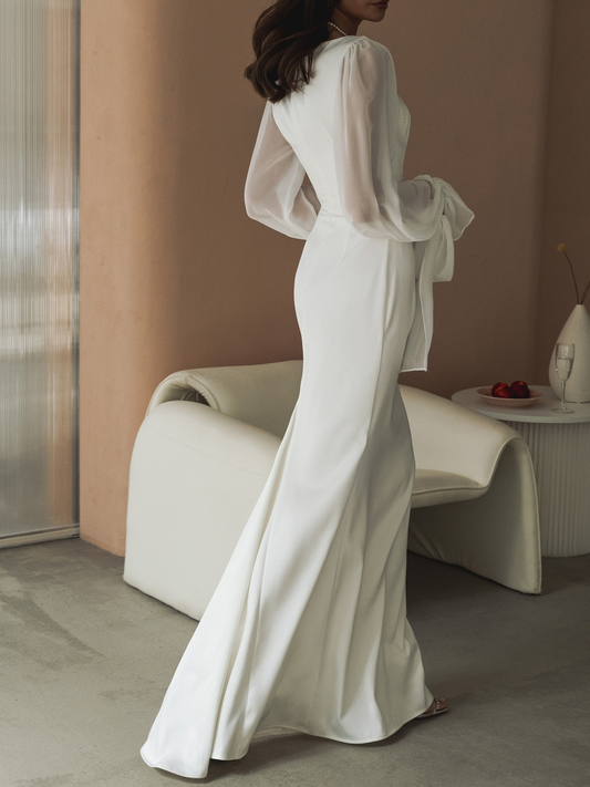 Simple White Elegant Long Sleeves Evening Party Dress, DP2232