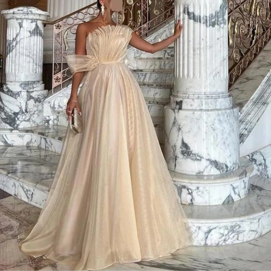 Elegant Ivory Beige Ruffle A-Line Evening Gown, DP2233