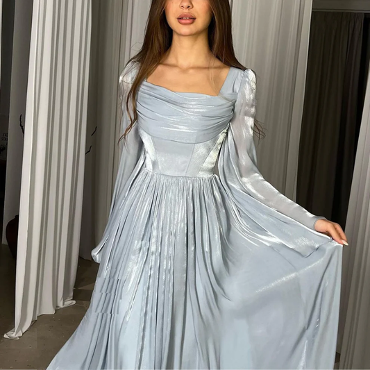 Blue Chiffon Pleated Long Sleeves Elegant A-Line Party Dress, DP2235
