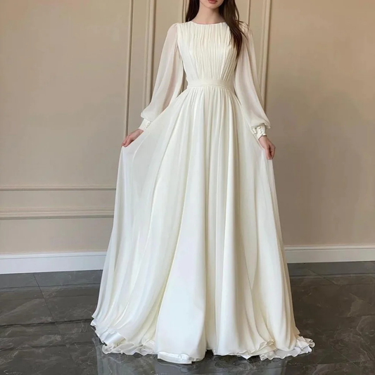 Elegant White A-Line Long Sleeves Modest Long Dress, DP2237